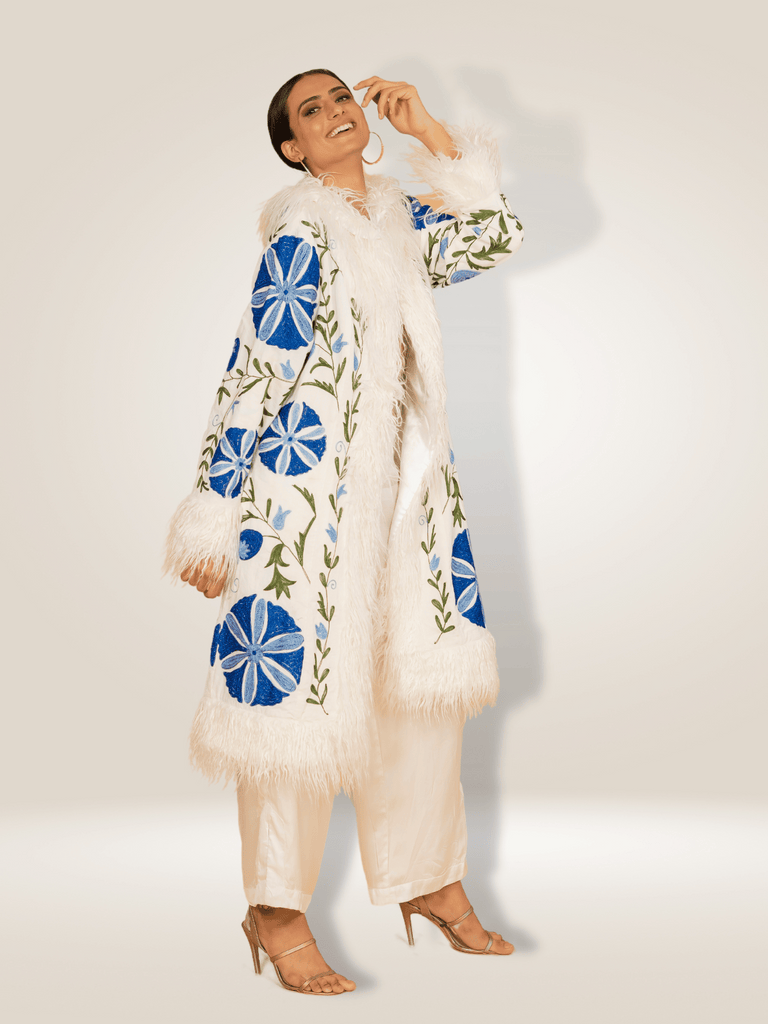 Anannasa Sophie Coat in White Velvet with Fur Trim and Floral Embroidery ANT573VC quilted lining boho chic design Shop Anannasa Lifestyle clothing at signature of double bay official stockist sydney