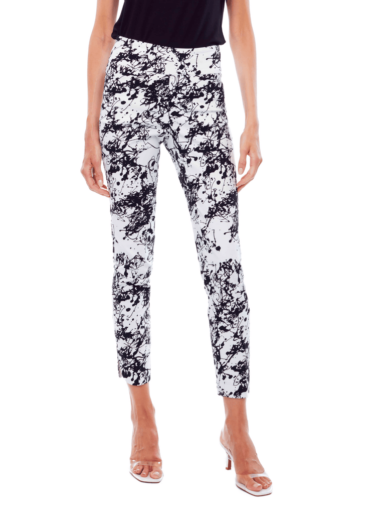 UP! PANTS 28" Ankle Slit Tummy Control Pant in Black and White Splashes Print 67755 Up Pants Tummy control stockist online Australia flattering body contouring shaping pants high rise waistband signature of double bay Sydney fashion
