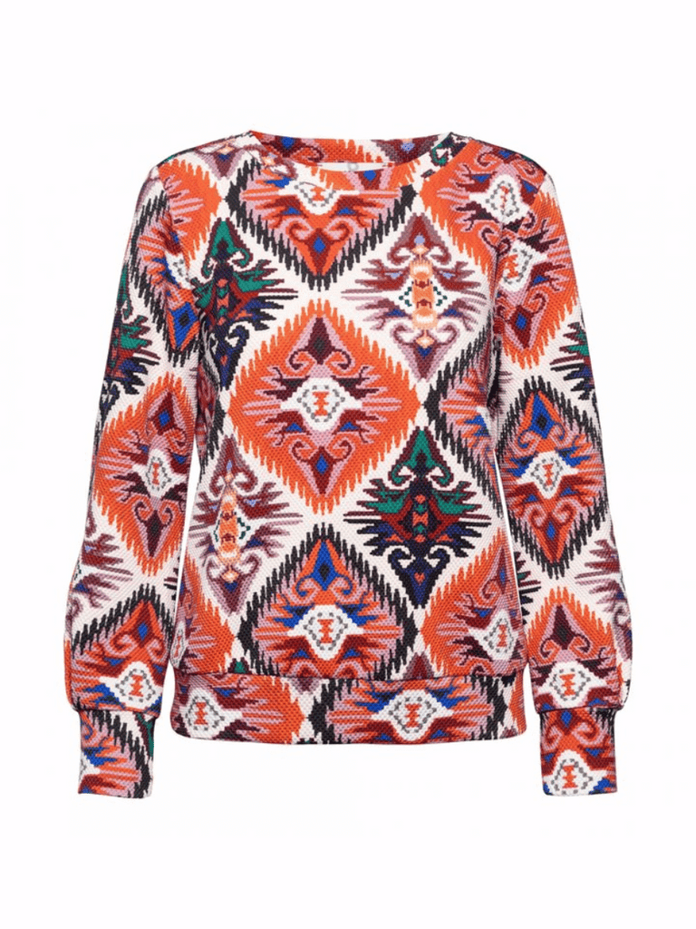 &Co Woman Netherlands Dory Long Sleeve Crew Neck Top in Ikat Print TO217 Online Stockist &co woman travel wear travel clothing online sydney australia lightweight easy care wardrobe essentials