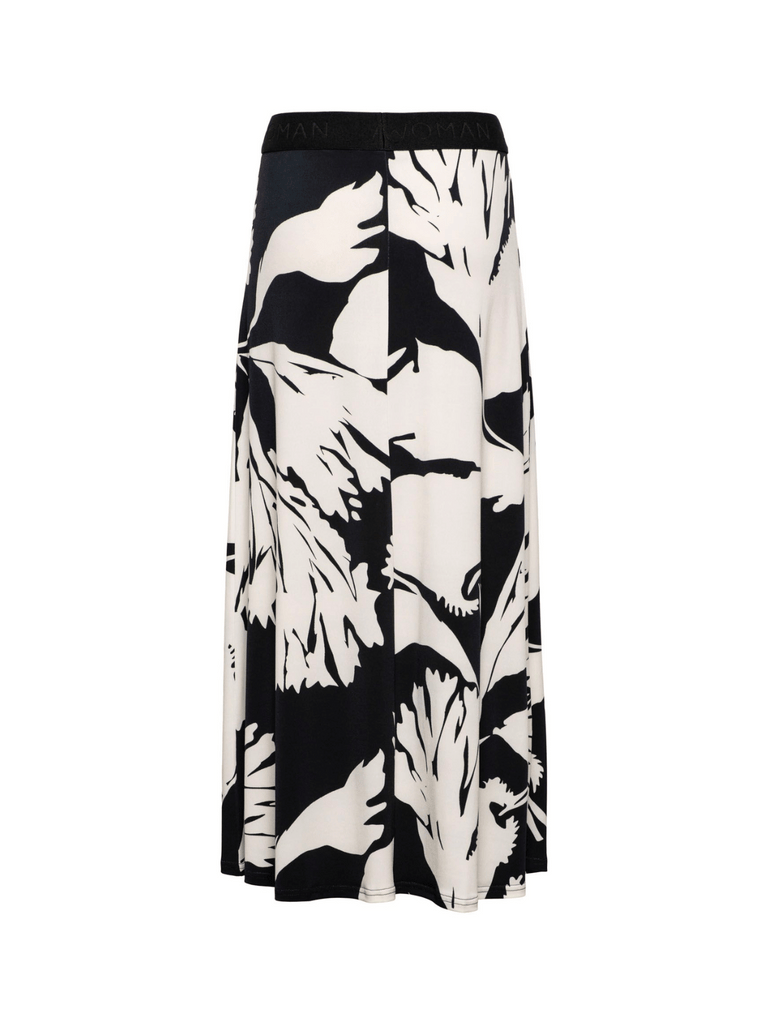 &Co Woman Netherlands Livia Skirt in Black and Cream Floral Print SK 151 travel friendly A-line midi skirt Online Stockist &co woman travel wear travel clothing online sydney australia