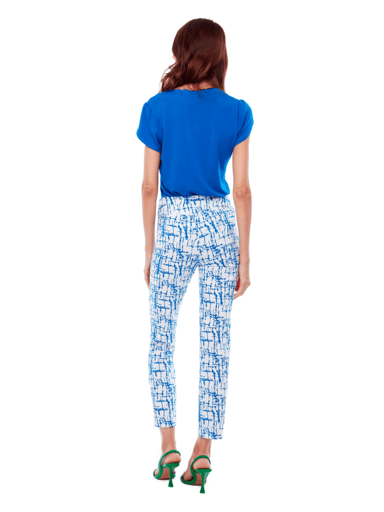 UP! PANTS 28" Petal Vent Slim Leg Tummy Control Pant in Blue and White Milos Print 67759 Up Pants Tummy control stockist online Australia flattering body contouring shaping pants high rise waistband signature of double bay Sydney fashion