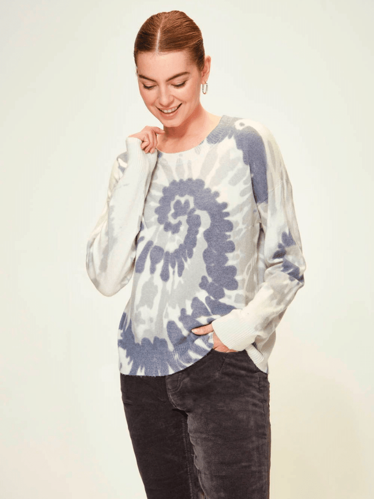 VERGE Long Sleeve Crush Knit Sweater in Blue Swirl 9055 Verge Stockist Online Australia Signature of Double Bay Mature Fashion Acrobat Flattering