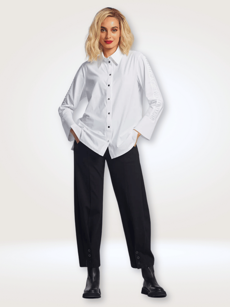 PAULA RYAN white button up shirt wrinkle resistant with modern accents ruched sleeves and metallic buttons Ruched Sleeve Shirt in White 8826 Shop Paula Ryan online Signature of Double Bay fashion boutique official stockist womens mature fashion
