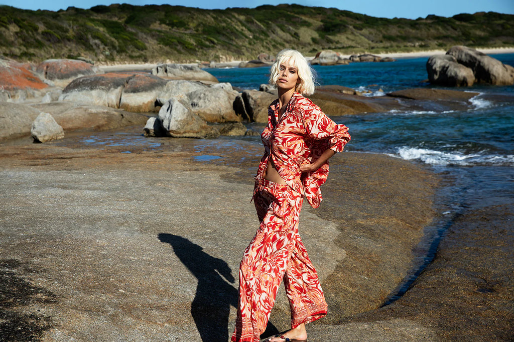 Oneseason Long Relaxed Isla Pant in Red and Orange Print Oneseason One Season lightweight and stylish resort wear Australian fashion label official stockist Signature of Double Bay