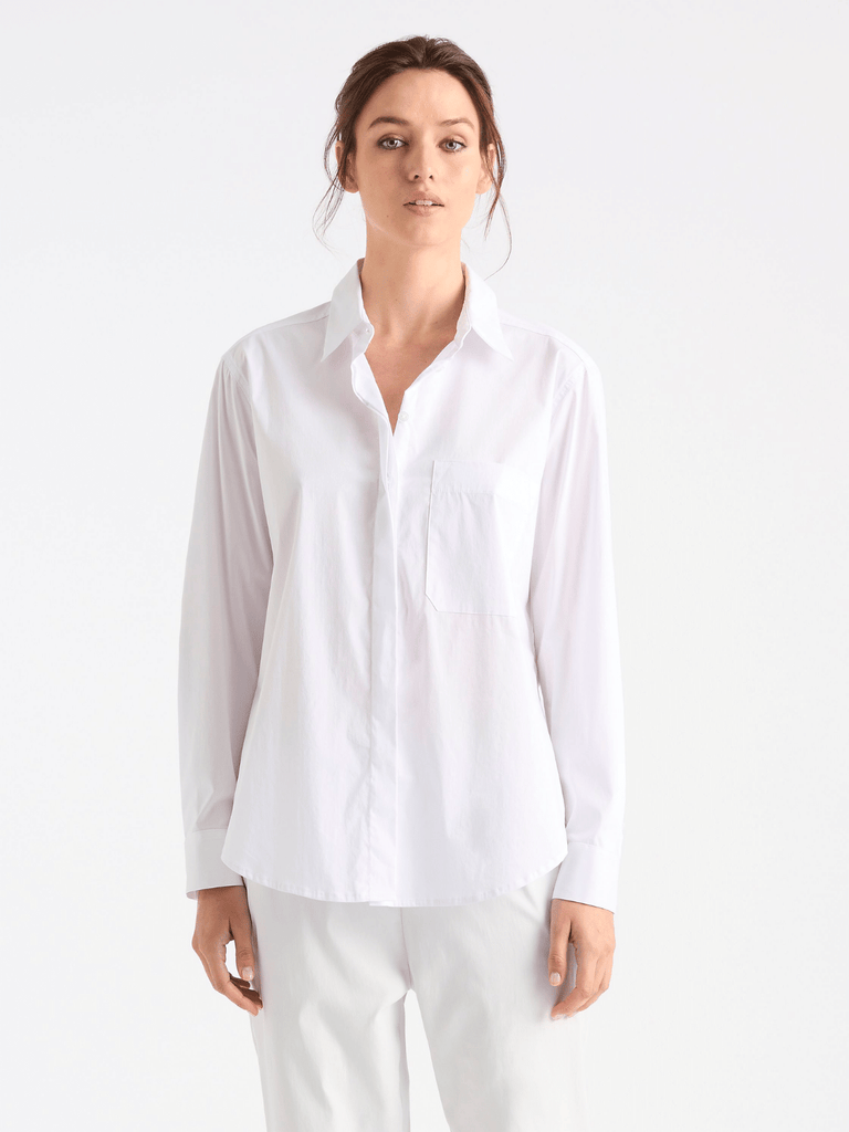 Mela Purdie Chisel Pocket Shirt in White Microprene 8250 Mela Purdie Stockist Online Australia Signature of Double Bay Tops Dresses Elegant Clothing