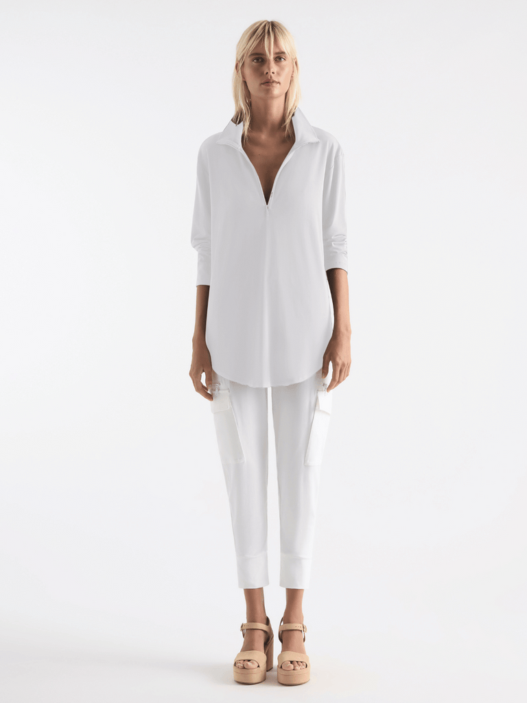 Mela Purdie Zip Front Long Sleeve Sweater in White 8319 - Versatile Style and Unmatched Comfort Mela Purdie Stockist Online Australia Signature of Double Bay