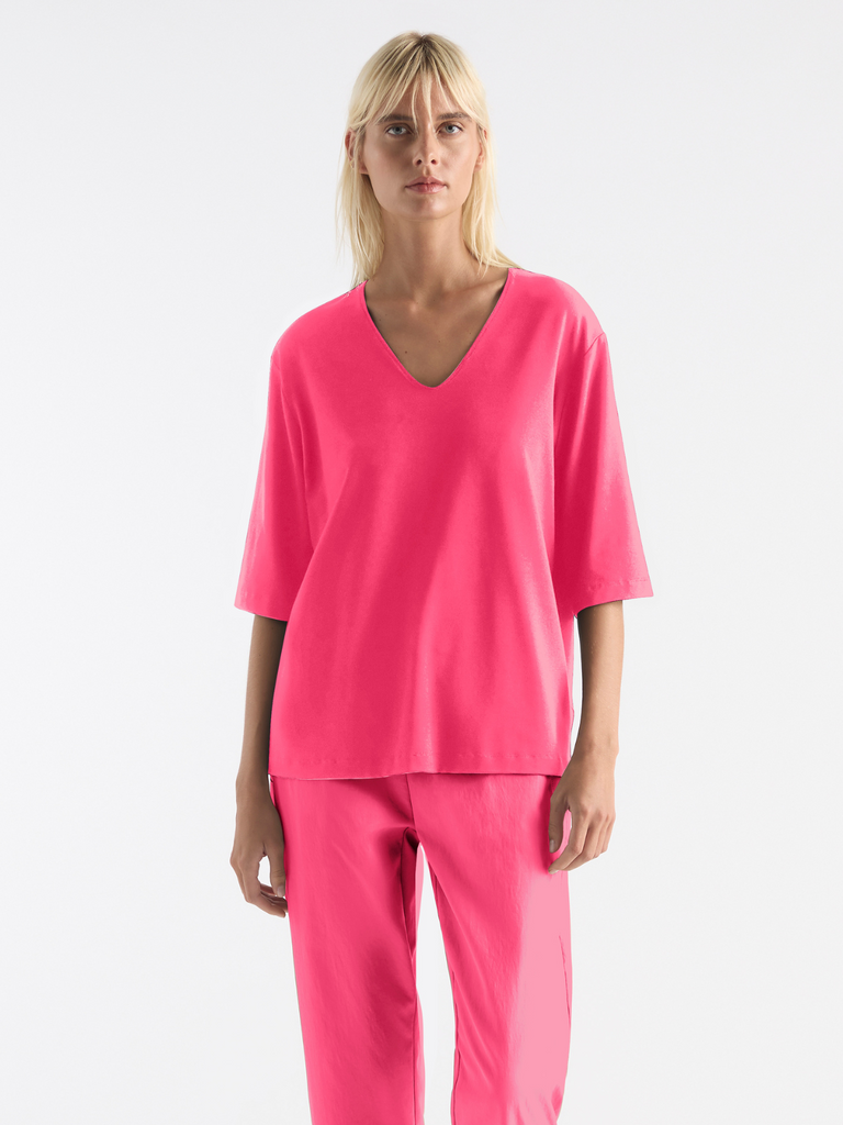 Mela Purdie V Stretch Plaza Top in Hibiscus Pink 8323 - Effortless Style and Relaxed Fit womens blouse Mela Purdie stockist sydney australia online