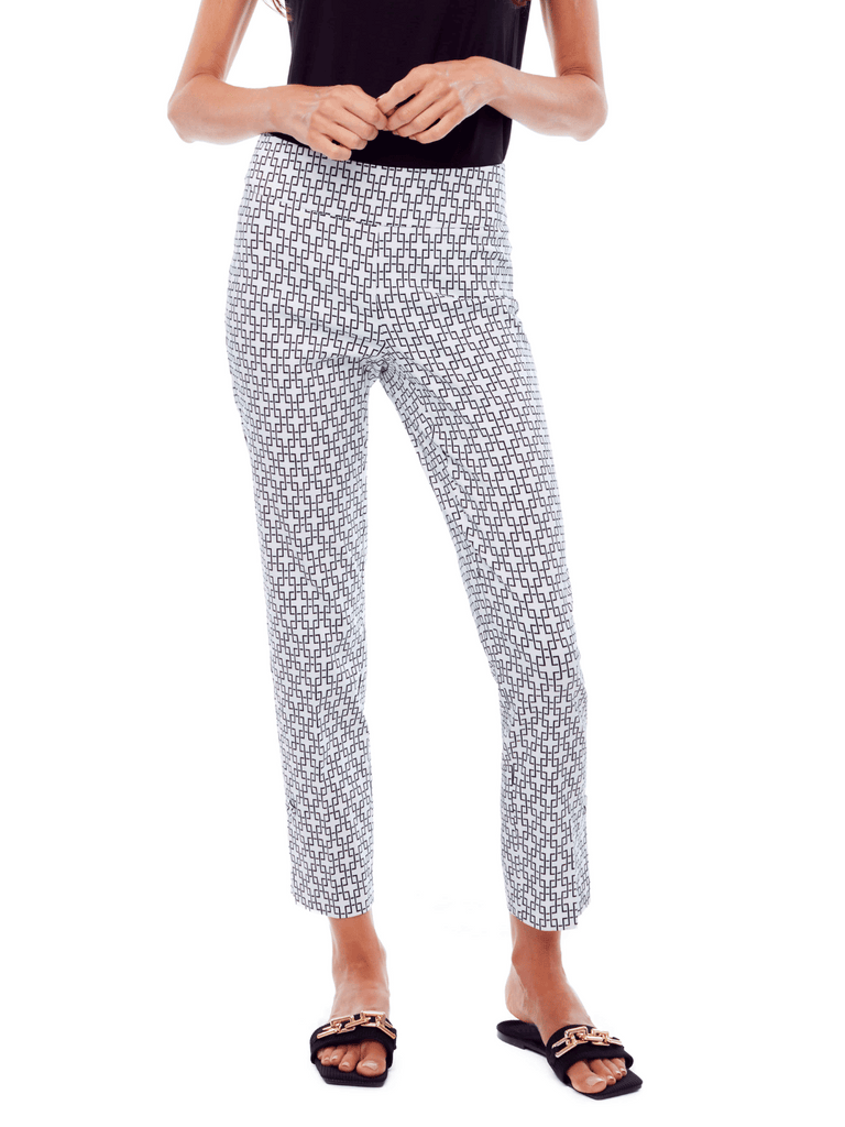 UP! PANTS 28" Ankle Slit Tummy Control Pant in Black and White Geometric Athens Print 67758 Up Pants Tummy control stockist online Australia flattering body contouring shaping pants high rise waistband signature of double bay Sydney fashion