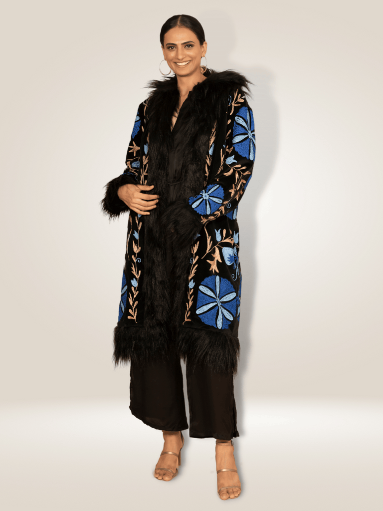 Anannasa Suzy Coat in Black Cotton Velvet with Fur Trim and Floral Embroidery ANT575VC Shop Anannasa Lifestyle clothing at signature of double bay official stockist sydney