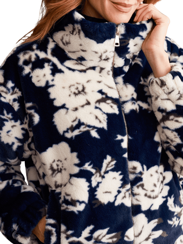 TRIBAL FASHION CANADA Long Sleeve Faux Fur Zip Up Bomber Jacker in Sapphire Floral 8006 Official Tribal Fashion Canada Stockist Sydney Australia Online Buy Signature of Double Bay