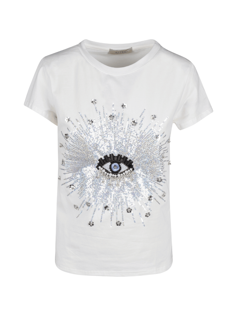 Astrid Fashion Italy Short Sleeve Protect Me Embellished Evil Eye Tee in White Astrid women’s clothing collection feminine, versatile style shop now at Signature of Double Bay Sydney Australia online stockist luxury womens fashion