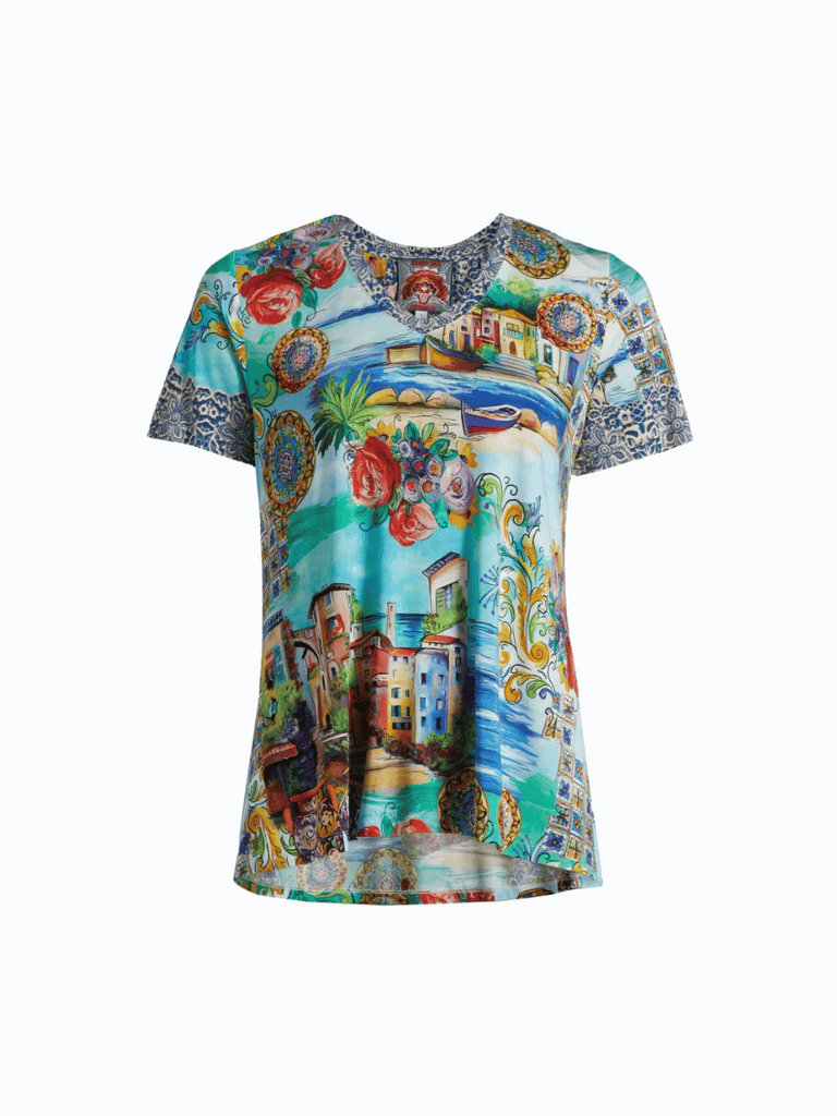 Johnny Was Janie Favourite Short Sleeve V-Neck Tee in Christy Print T15325-5 Shop Johnny Was Stockist Sydney Australia Boho Chic Clothing, Embroidered Dresses, and Unique Tops at Signature of Double Bay