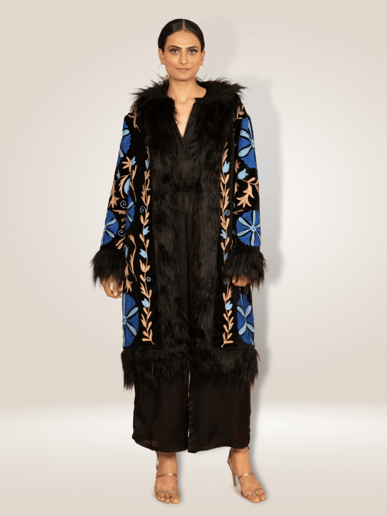 Anannasa Suzy Coat in Black Cotton Velvet with Fur Trim and Floral Embroidery ANT575VC Shop Anannasa Lifestyle clothing at signature of double bay official stockist sydney