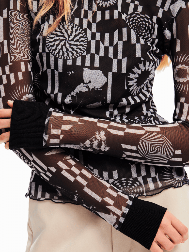Desigual Susanne Mesh Tulle Top Polo Neck in Psychedelic Black and White Print Desigual Stockist Online Signature of Double Bay European Spanish Fashion Mature Fashion jackets Blazers dresses shirts