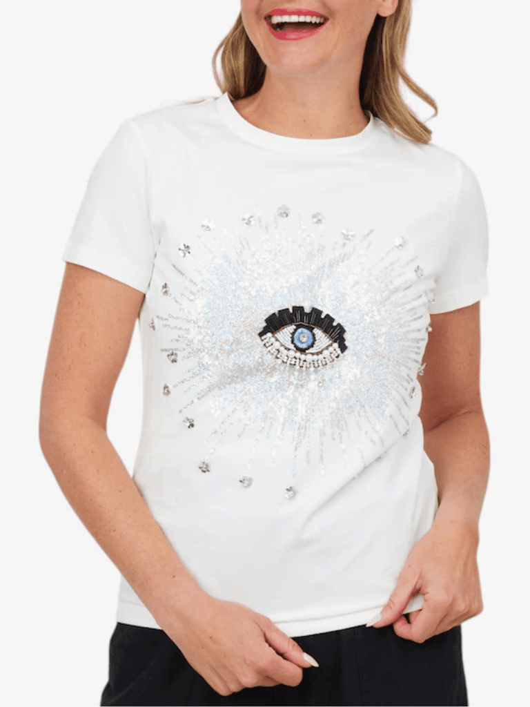 Astrid Fashion Italy Short Sleeve Protect Me Embellished Evil Eye Tee in White Astrid women’s clothing collection feminine, versatile style shop now at Signature of Double Bay Sydney Australia online stockist luxury womens fashion