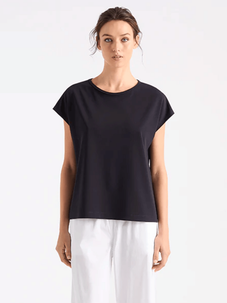 Mela Purdie Cap Sleeve Relaxed Fit Cap Shell Top in Black Powder Knit 8365 Mela Purdie Stockist Online Australia Signature of Double Bay Tops Dresses Elegant Clothing