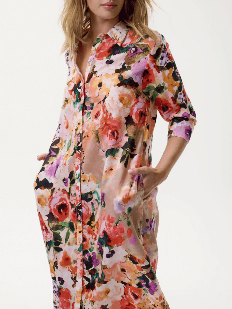 Oneseason 3/4 Sleeve Daisy Shirt Dress in Soller Floral Print Oneseason One Season lightweight and stylish resort wear Australian fashion label official stockist Signature of Double Bay