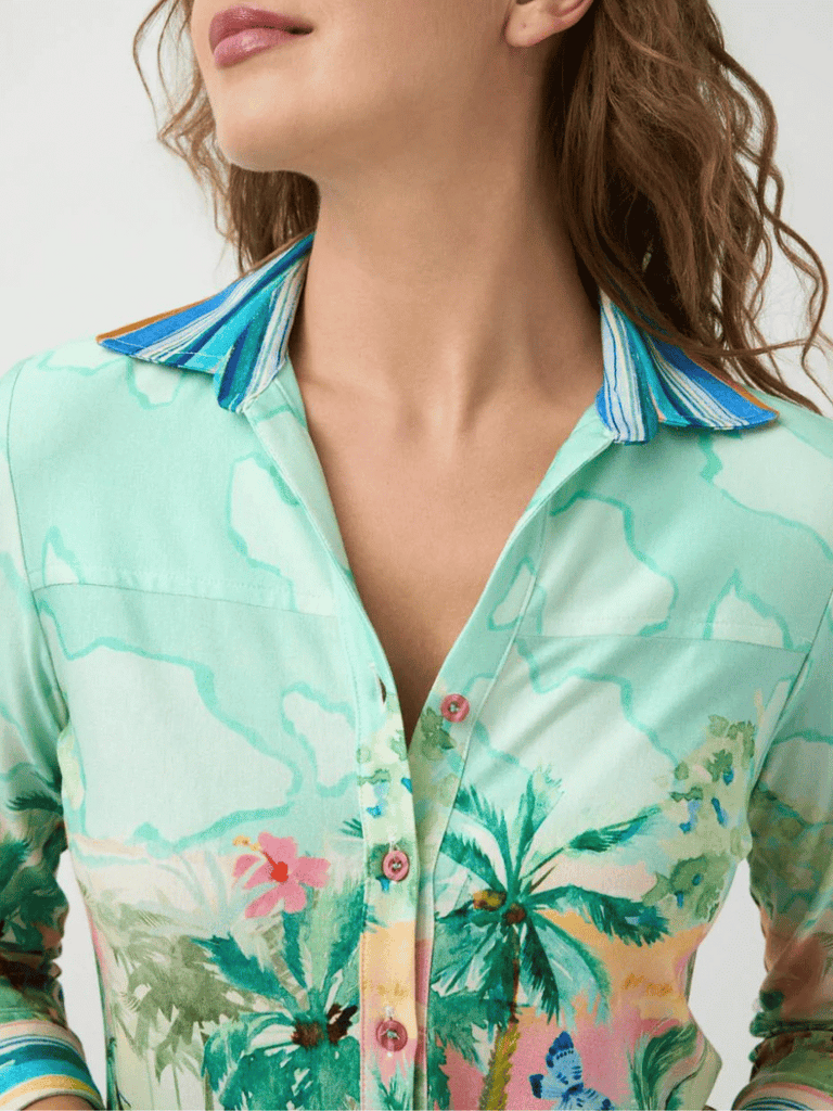 Tinta & Bariloche Long Sleeve Slim Fit Xenia Blouse in Green Tropical Print Tinta and Bariloche online Australia Shop Tinta Bariloche shorts, dresses, tops online. Signature of Double Bay Fashion Tinta and Bariloche Online