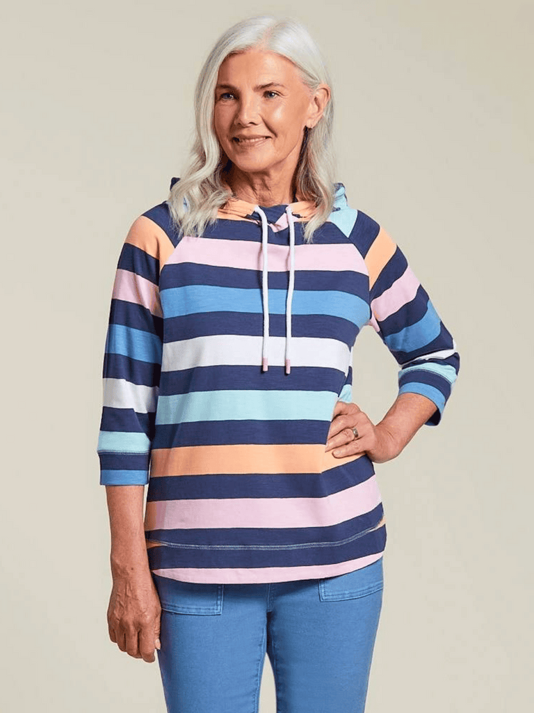 TRIBAL FASHION CANADA 3/4 Sleeve Striped Knit Hoodie Blue Pink and Orange Stripe 3241 Official Tribal Fashion Canada Stockist Sydney Australia Online Buy Signature of Double Bay