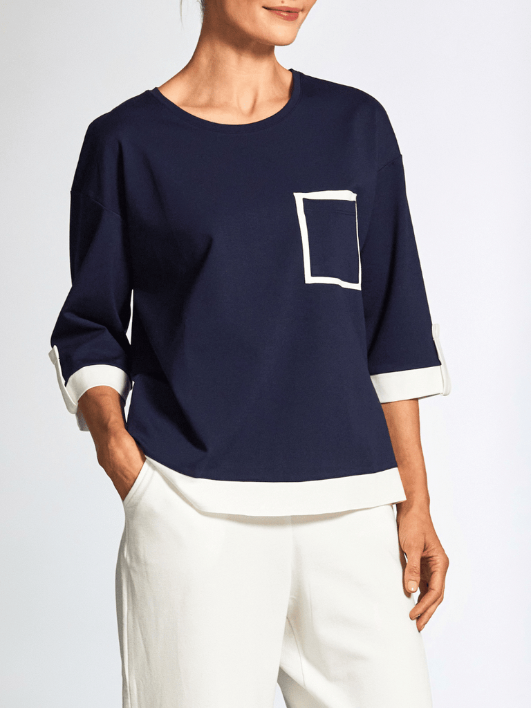 Peruzzi Contrast Panel Pocket Top in Navy and Cream 25177 shop peruzzi, peruzzi fashion, peruzzi stockists, peruzzi stockists australia, peruzzi sydney, peruzzi womens clothing