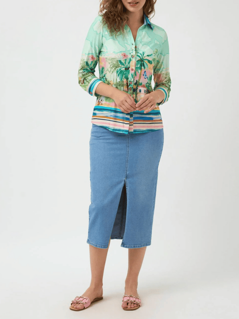 Tinta & Bariloche Long Sleeve Slim Fit Xenia Blouse in Green Tropical Print Tinta and Bariloche online Australia Shop Tinta Bariloche shorts, dresses, tops online. Signature of Double Bay Fashion Tinta and Bariloche Online