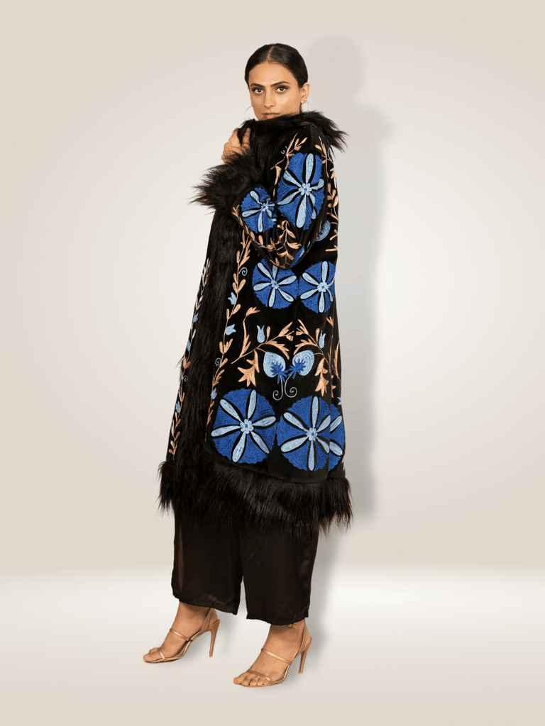 Anannasa Suzy Coat in Black Cotton Velvet with Fur Trim and Floral Embroidery ANT575VC Shop Anannasa Lifestyle clothing at signature of double bay official stockist sydney