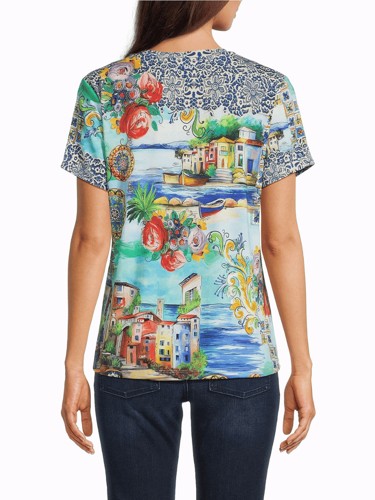 Johnny Was Janie Favourite Short Sleeve V-Neck Tee in Christy Print T15325-5 Shop Johnny Was Stockist Sydney Australia Boho Chic Clothing, Embroidered Dresses, and Unique Tops at Signature of Double Bay