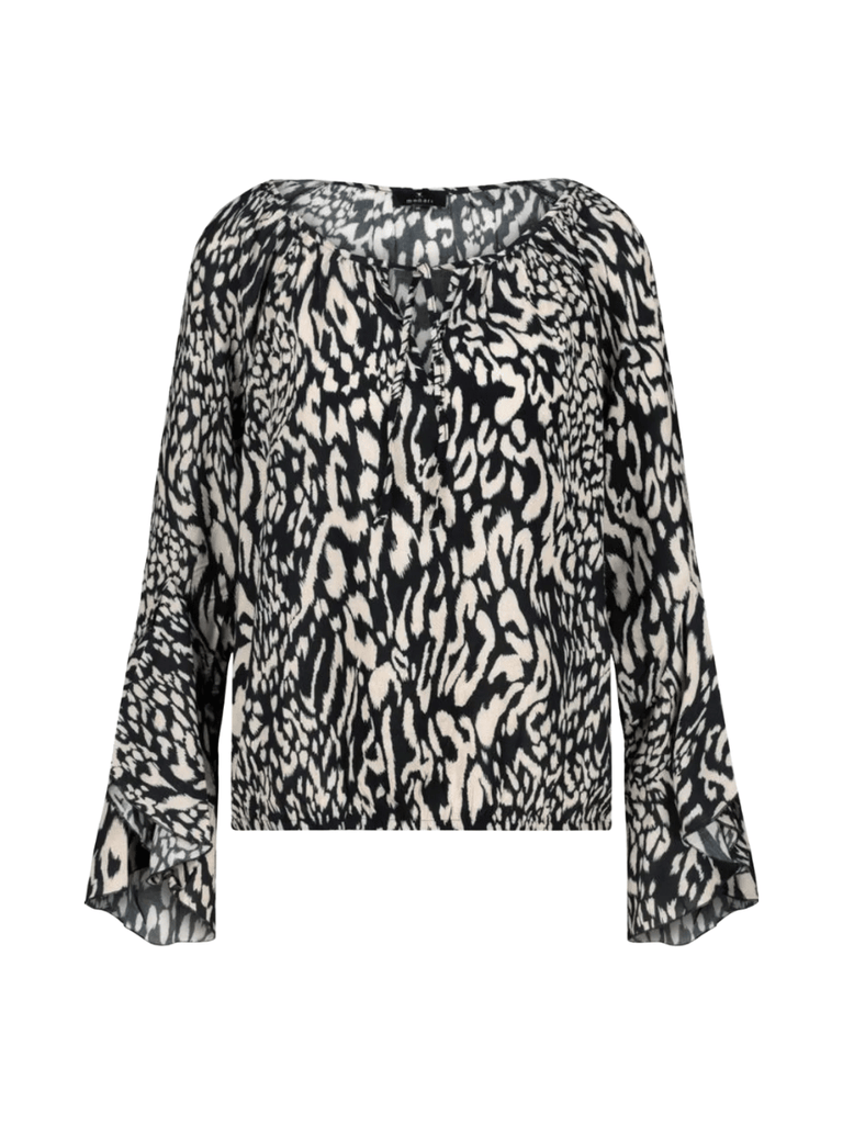 Monari Long Sleeve Tie Neck Animal Print Blouse in Black and Beige Discover the Elegant Monari Collection at Signature of Double Bay, Shop Stylish Knitwear, Dresses, and Tops Online from Sydney's Premier Mature Fashion Boutique