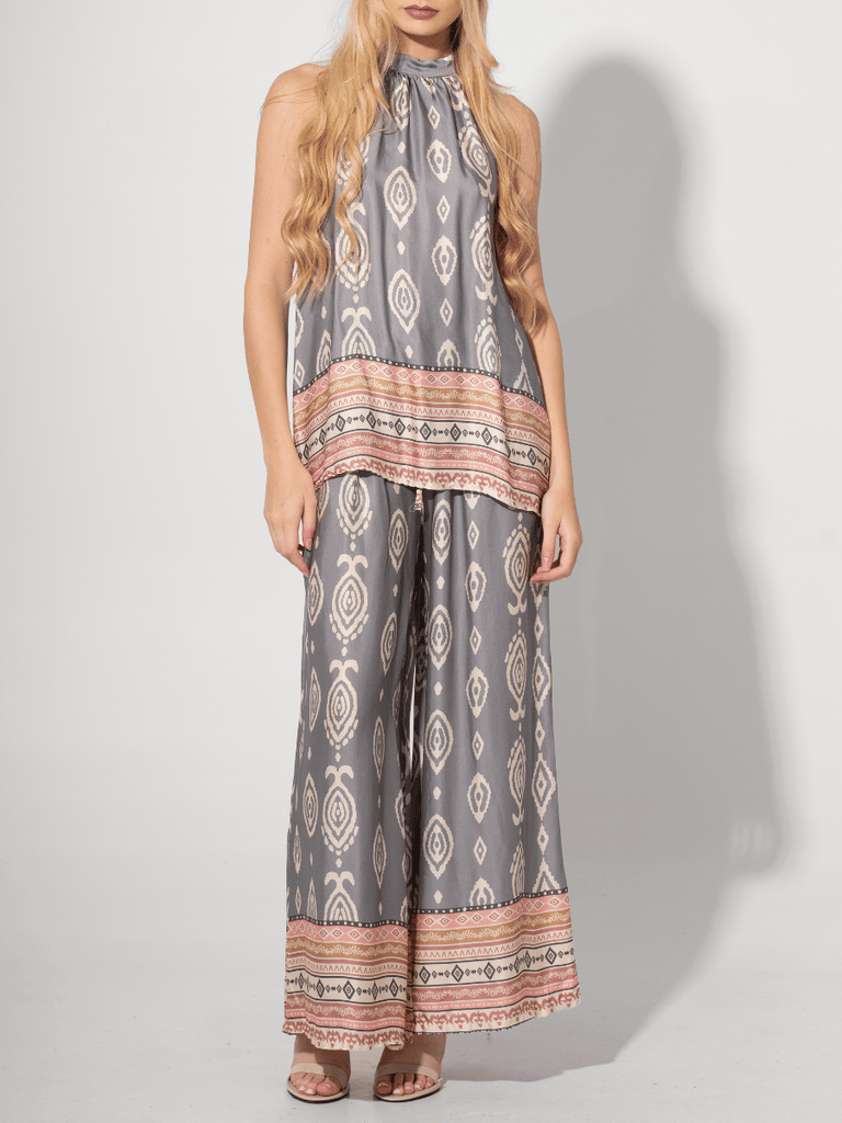 Astrid Fashion Italy Wide Leg Contrast Border Pant in Grey Print Astrid women’s clothing collection feminine, versatile style shop now at Signature of Double Bay Sydney Australia online stockist luxury womens fashion