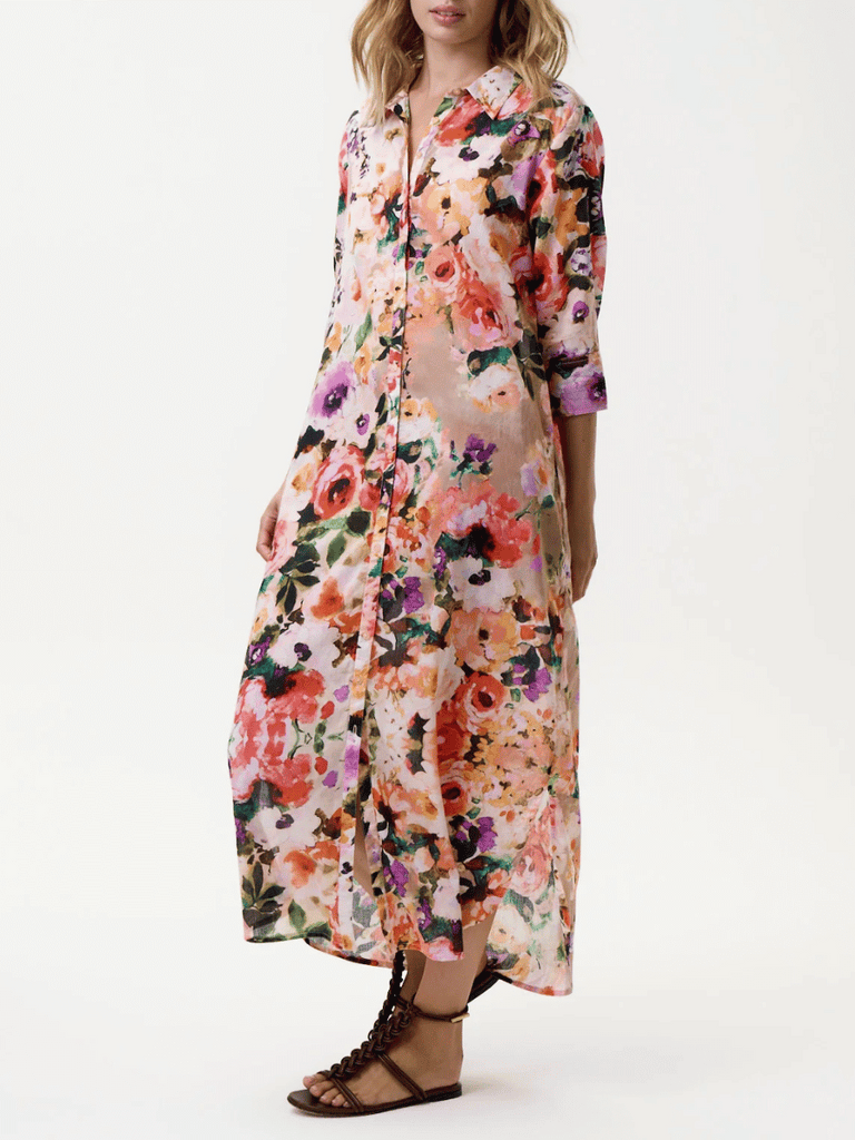 Oneseason 3/4 Sleeve Daisy Shirt Dress in Soller Floral Print Oneseason One Season lightweight and stylish resort wear Australian fashion label official stockist Signature of Double Bay
