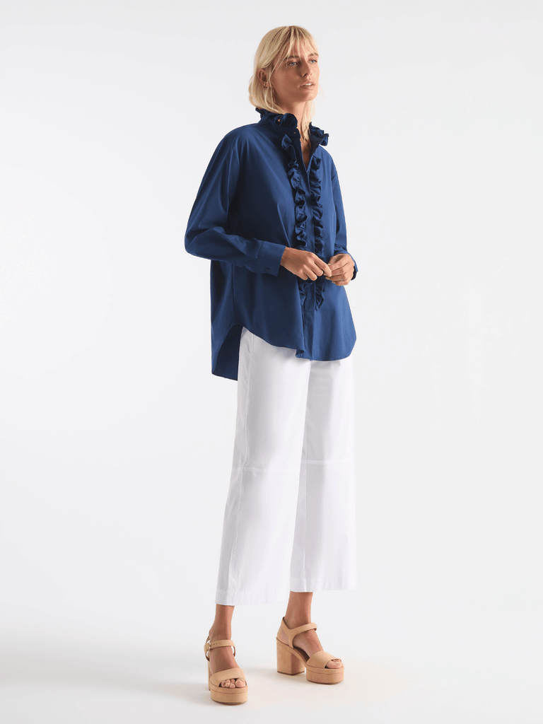Mela Purdie Bistro Blouse in Ocean Blue 8324 - Effortless, Modern Style tailored fit long sleeve womens blouse Mela Purdie Stockist Online Australia Signature of Double Bay