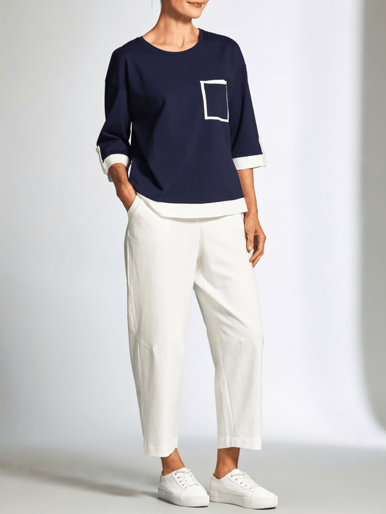 Peruzzi Contrast Panel Pocket Top in Navy and Cream 25177 shop peruzzi, peruzzi fashion, peruzzi stockists, peruzzi stockists australia, peruzzi sydney, peruzzi womens clothing
