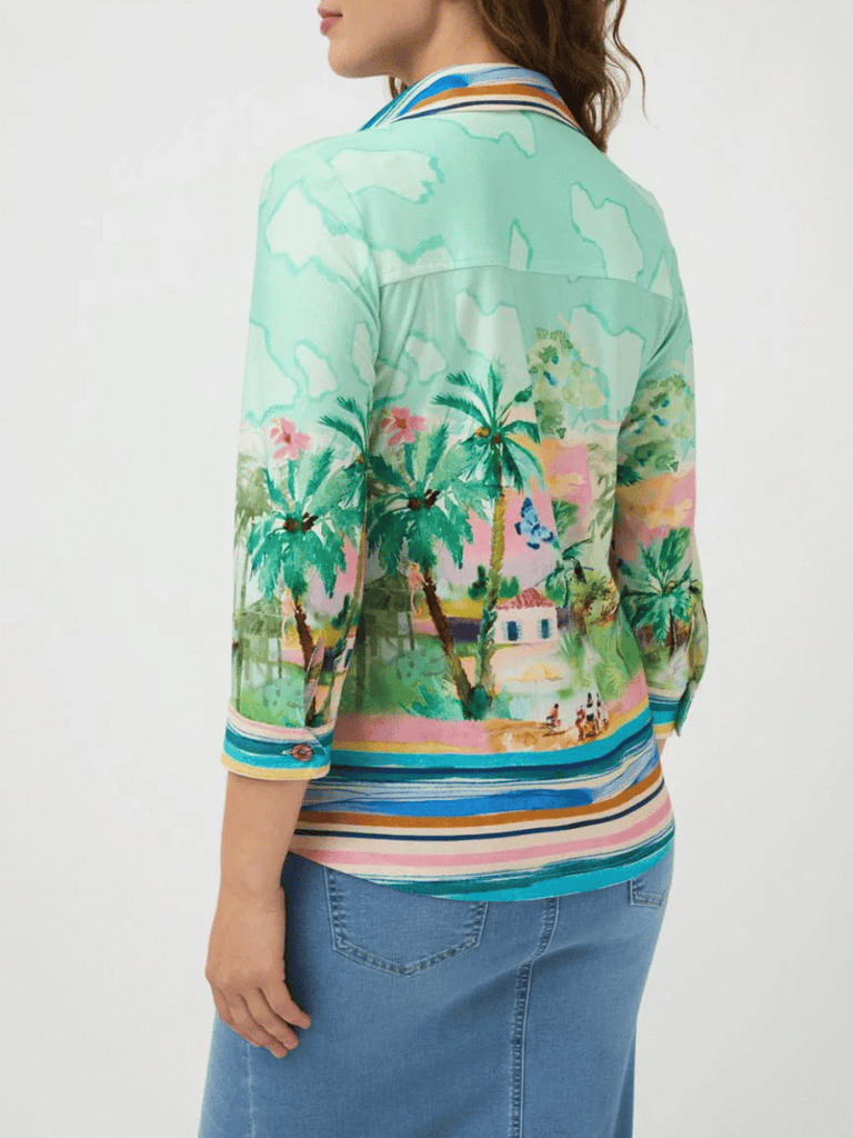 Tinta & Bariloche Long Sleeve Slim Fit Xenia Blouse in Green Tropical Print Tinta and Bariloche online Australia Shop Tinta Bariloche shorts, dresses, tops online. Signature of Double Bay Fashion Tinta and Bariloche Online