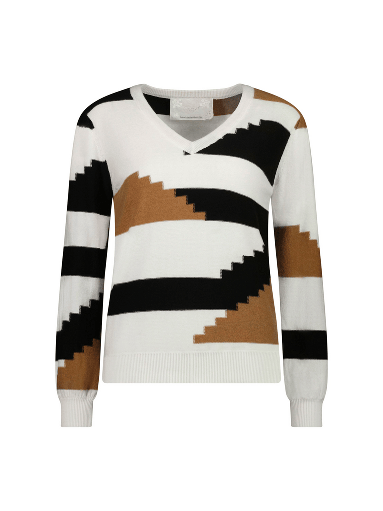 VERGE Long Sleeve V-Neck Wise Sweater in Multi Geometric Print 8702 Verge Stockist Online Australia Signature of Double Bay Mature Fashion Acrobat Flattering