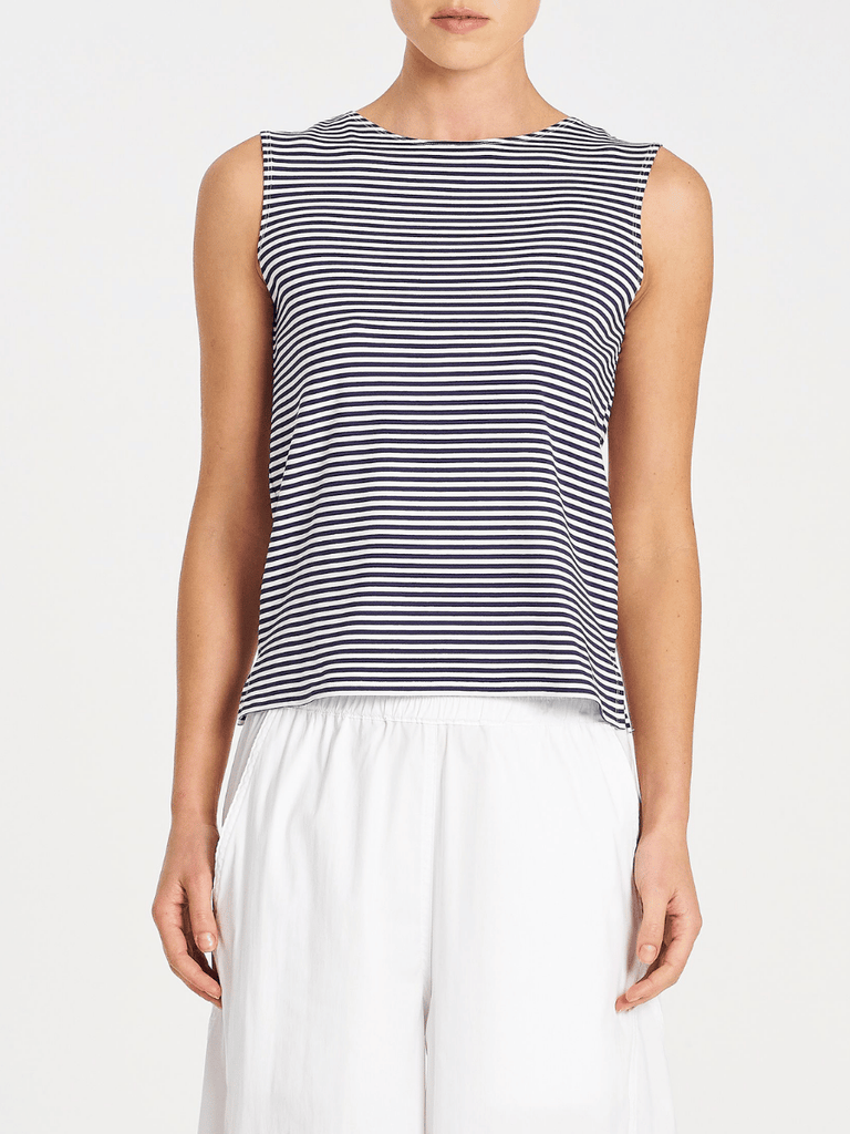 Mela Purdie Sleeveless Singlet Top Palazzo Shell in Navy and White Yacht Stripe Jersey 284 Mela Purdie Stockist Online Australia Signature of Double Bay Tops Dresses Elegant Clothing