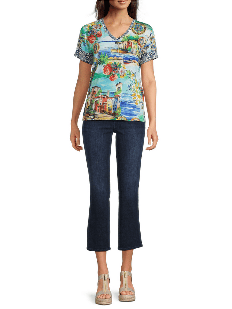 Johnny Was Janie Favourite Short Sleeve V-Neck Tee in Christy Print T15325-5 Shop Johnny Was Stockist Sydney Australia Boho Chic Clothing, Embroidered Dresses, and Unique Tops at Signature of Double Bay