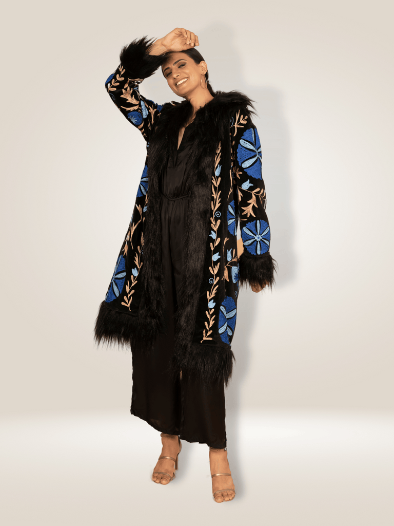 Anannasa Suzy Coat in Black Cotton Velvet with Fur Trim and Floral Embroidery ANT575VC Shop Anannasa Lifestyle clothing at signature of double bay official stockist sydney