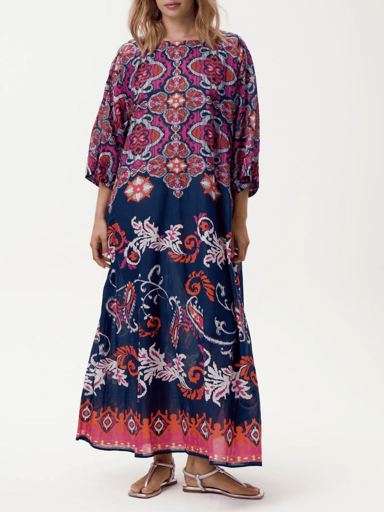 Oneseason 3/4 Sleeve Relaxed Fit Jackie Maxi Dress Navy and Pink Isola Print Oneseason One Season lightweight and stylish resort wear Australian fashion label official stockist Signature of Double Bay