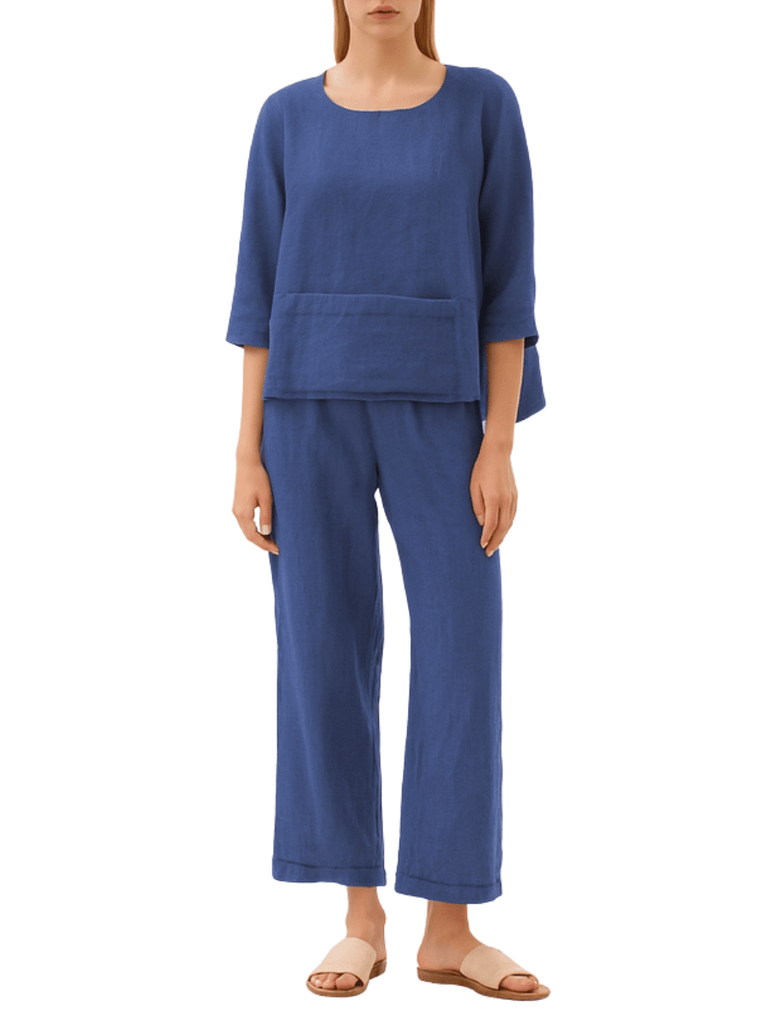 Haris Cotton Round Neck Linen Gauze Blouse with Batwing Sleeve in Lapis Blue Shop Haris Cotton Australia – Elegant linen clothing and sustainable european women’s fashion at Signature of Double Bay Sydney online and instore. shop natural linen dresses, white linen clothing and summer linen outfits in Sydney