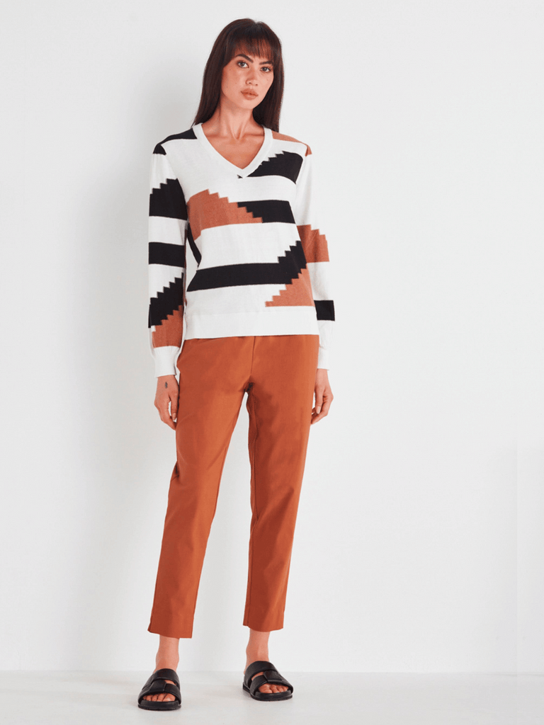 VERGE Long Sleeve V-Neck Wise Sweater in Multi Geometric Print 8702 Verge Stockist Online Australia Signature of Double Bay Mature Fashion Acrobat Flattering
