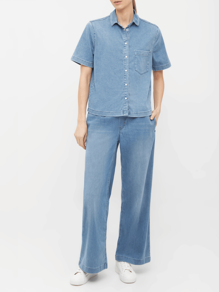 Raffaello Rossi Anjella Wide-Leg Super Soft Denim Pants in Light Blue chic jogging style pants officewear comfortable and elegant travel pant Raffaello Rossi Candy Pant online stockist Australia relaxed comfortable black drawstring pants online Australia Signature of Double Bay Raffaello Rossi Pants online