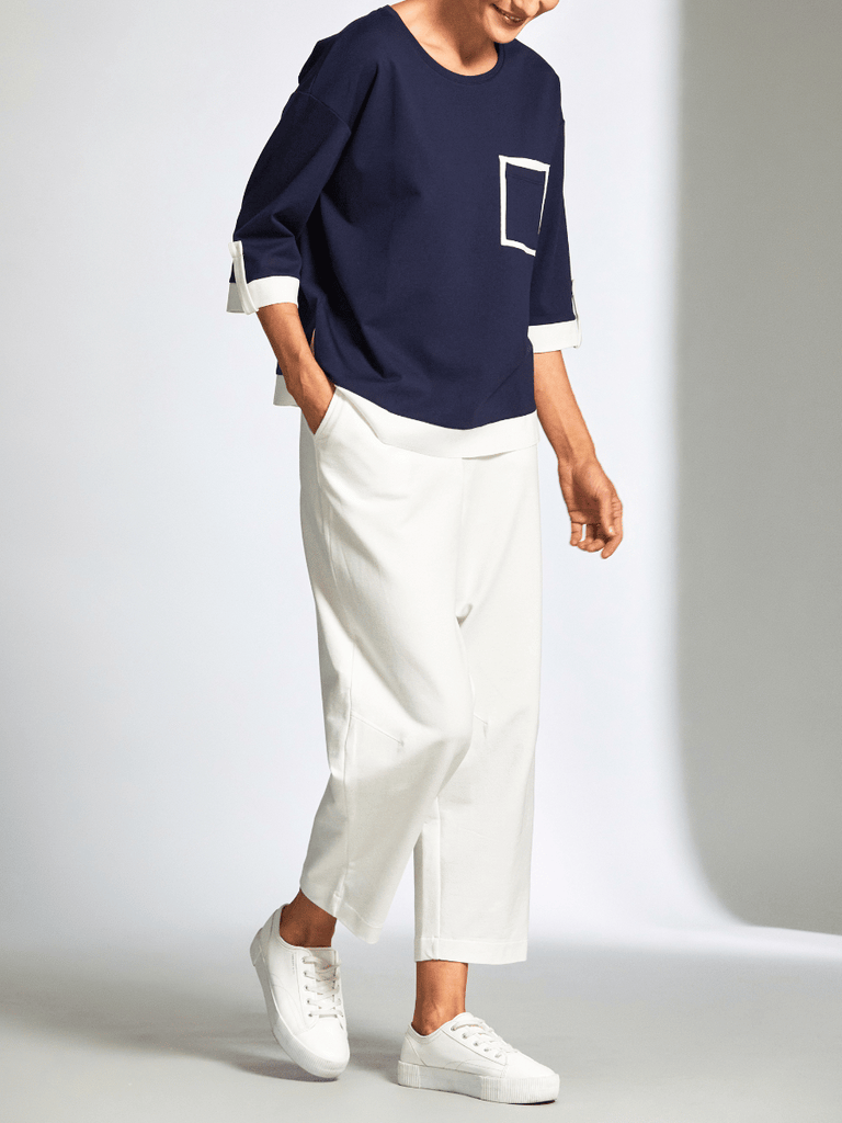 Peruzzi Contrast Panel Pocket Top in Navy and Cream 25177 shop peruzzi, peruzzi fashion, peruzzi stockists, peruzzi stockists australia, peruzzi sydney, peruzzi womens clothing