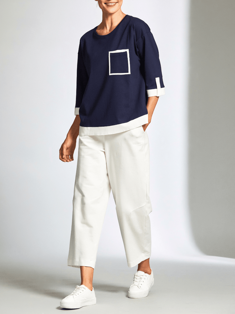 Peruzzi Contrast Panel Pocket Top in Navy and Cream 25177 shop peruzzi, peruzzi fashion, peruzzi stockists, peruzzi stockists australia, peruzzi sydney, peruzzi womens clothing