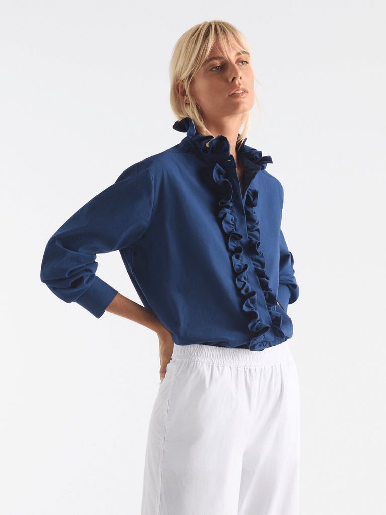 Mela Purdie Bistro Blouse in Ocean Blue 8324 - Effortless, Modern Style tailored fit long sleeve womens blouse Mela Purdie Stockist Online Australia Signature of Double Bay