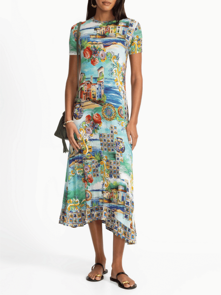 Johnny Was Janie Favourite Short Sleeve Asymmetric Hem Dress in Christy Print T38725-5 Shop Johnny Was Stockist Sydney Australia Boho Chic Clothing, Embroidered Dresses, and Unique Tops at Signature of Double Bay