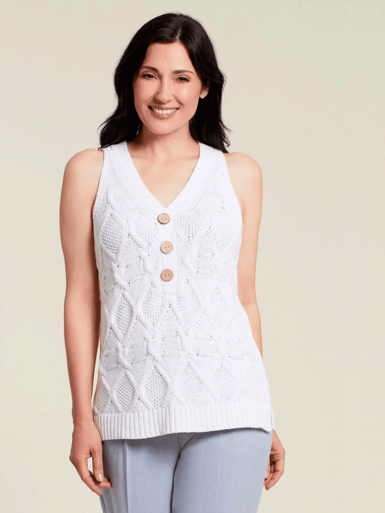 TRIBAL FASHION CANADA V Neck Longline Short Sleeve Cable Knit Sweater Vest in White 3709 Official Tribal Fashion Canada Stockist Sydney Australia Online Buy Signature of Double Bay