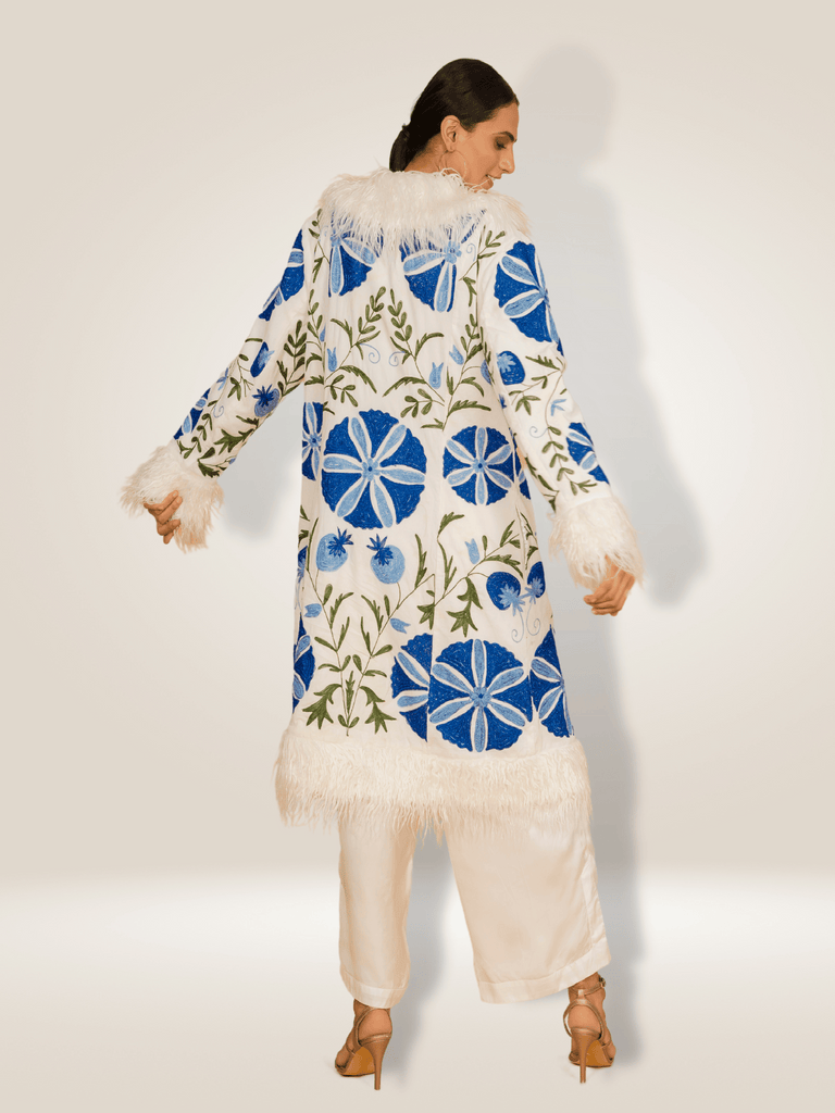 Anannasa Sophie Coat in White Velvet with Fur Trim and Floral Embroidery ANT573VC quilted lining boho chic design Shop Anannasa Lifestyle clothing at signature of double bay official stockist sydney