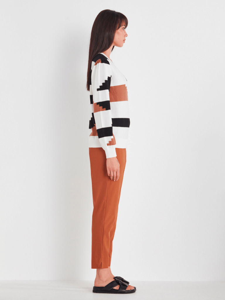 VERGE Long Sleeve V-Neck Wise Sweater in Multi Geometric Print 8702 Verge Stockist Online Australia Signature of Double Bay Mature Fashion Acrobat Flattering