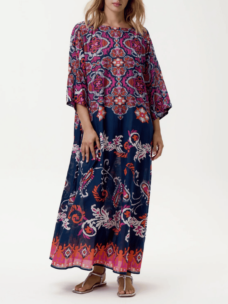 Oneseason 3/4 Sleeve Relaxed Fit Jackie Maxi Dress Navy and Pink Isola Print Oneseason One Season lightweight and stylish resort wear Australian fashion label official stockist Signature of Double Bay