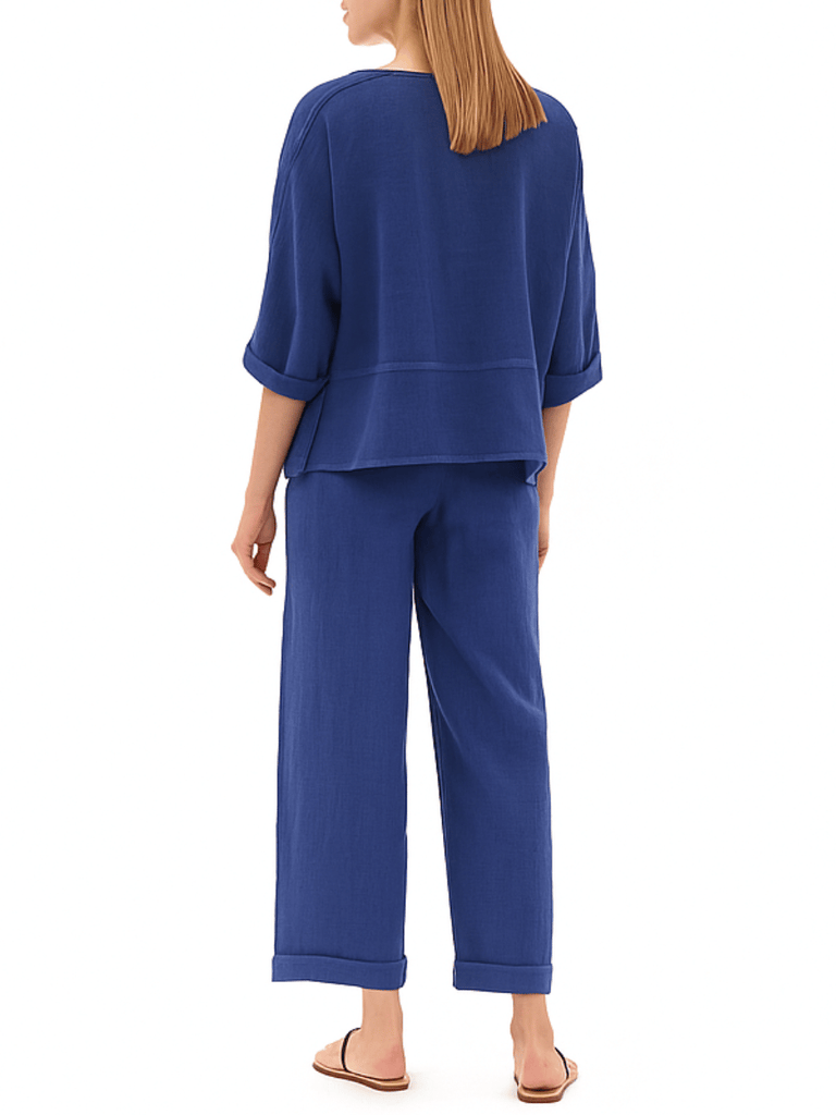 Haris Cotton Round Neck Linen Gauze Blouse with Batwing Sleeve in Lapis Blue Shop Haris Cotton Australia – Elegant linen clothing and sustainable european women’s fashion at Signature of Double Bay Sydney online and instore. shop natural linen dresses, white linen clothing and summer linen outfits in Sydney